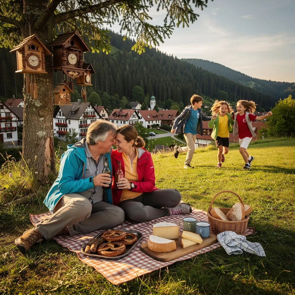 Eine malerische Landschaft im Schwarzwald mit dichten, grünen Wäldern und sanften Hügeln.